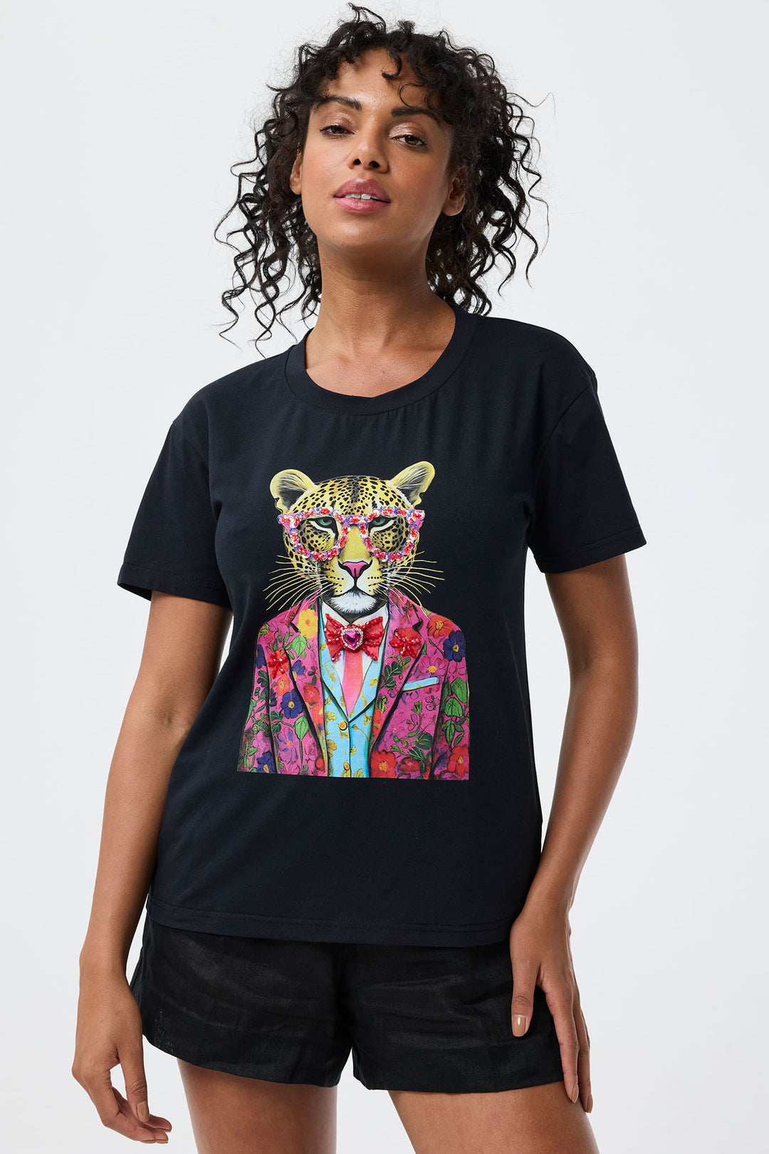 Leo & Ugo Black Cool Rhinestone Leopard T-Shirt TEK886 - Experience Boutique - Experience Boutique