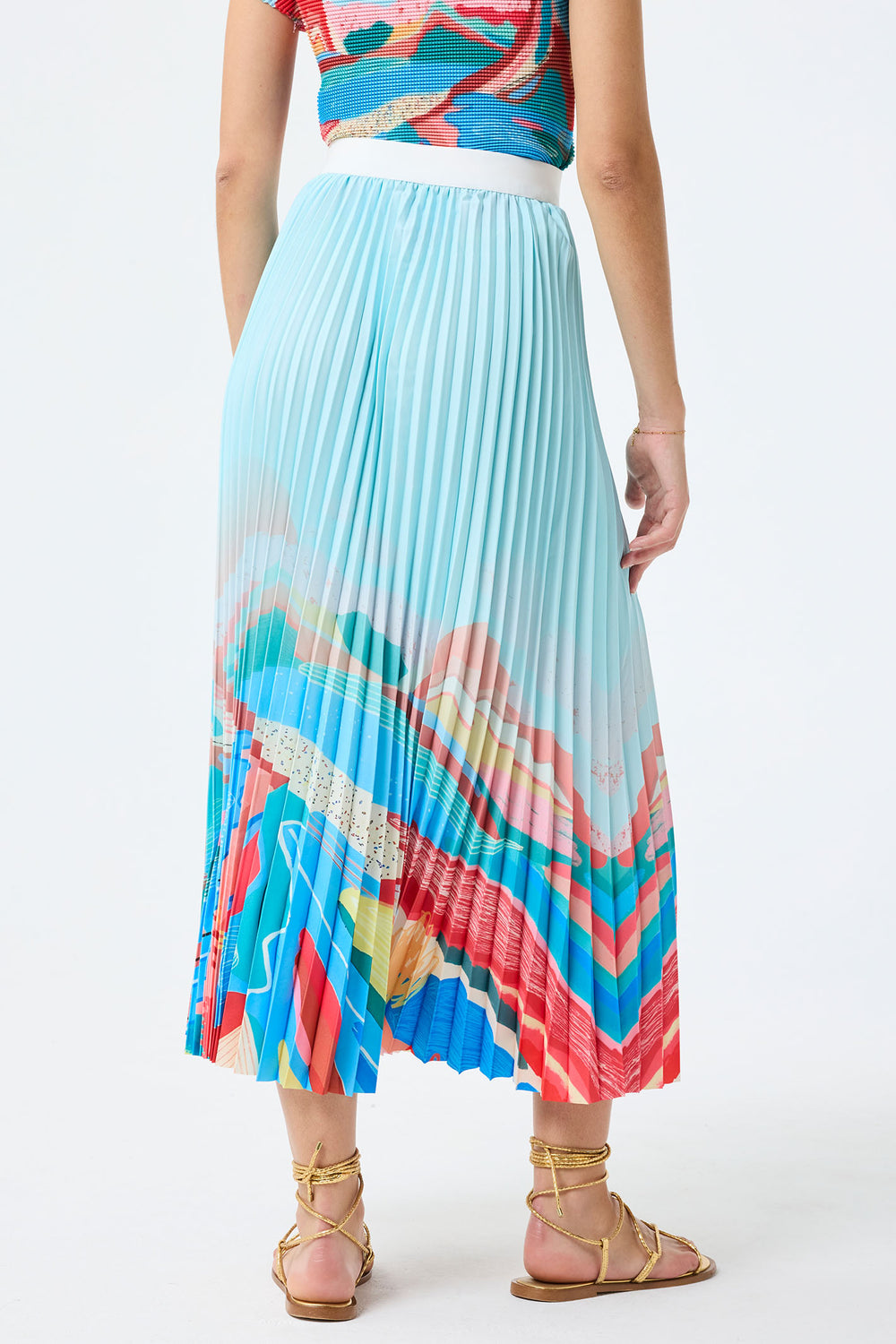 Leo & Ugo Blue Pleated Pull-On Print Midi Skirt KEJ864 - Experience Boutique