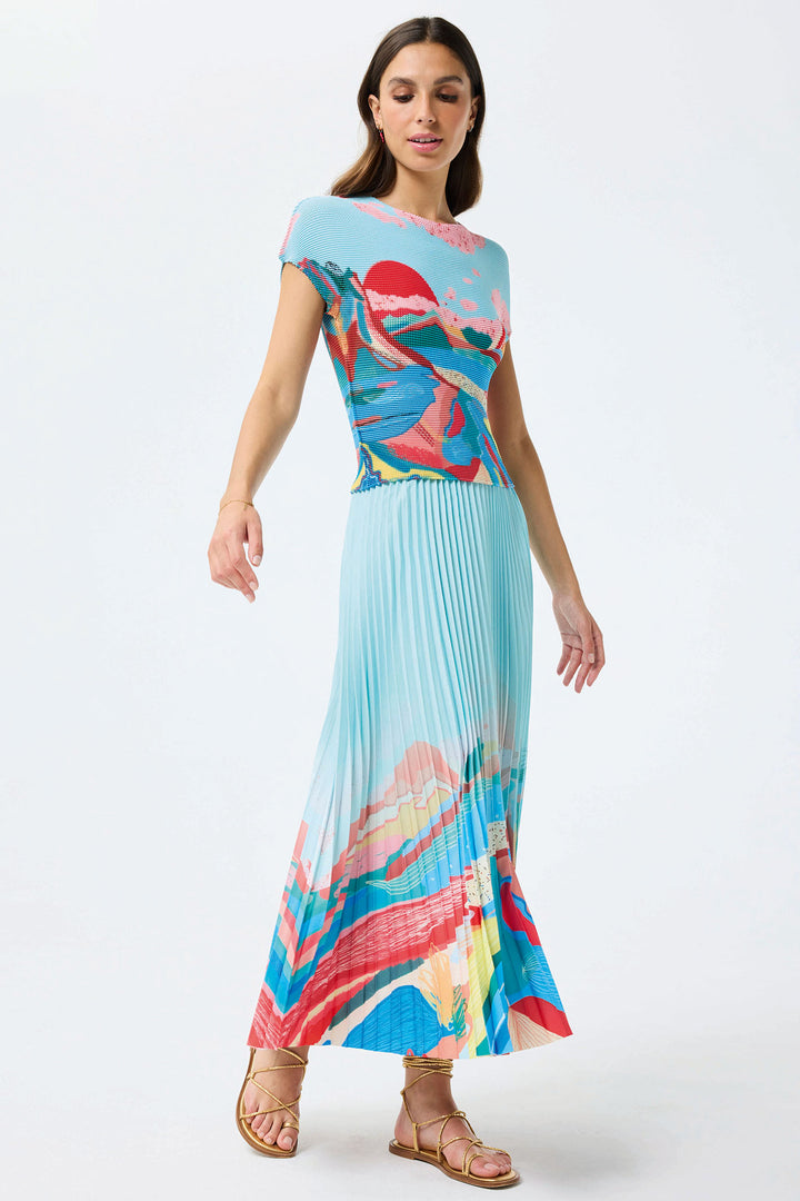 Leo & Ugo Blue Pleated Pull-On Print Midi Skirt KEJ864 - Experience Boutique