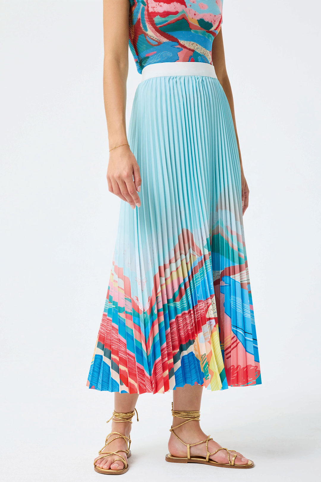 Leo & Ugo Blue Pleated Pull-On Print Midi Skirt KEJ864 - Experience Boutique