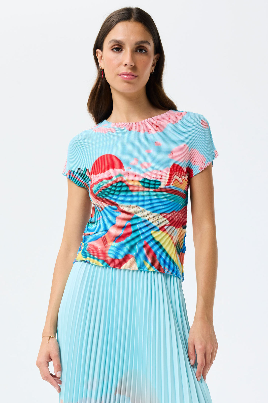 Leo & Ugo Blue Print Waffle Stretch Short Sleeve Top KE865 - Experience Boutique
