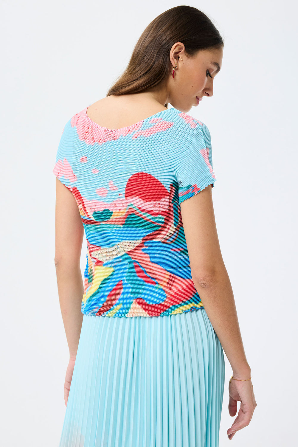 Leo & Ugo Blue Print Waffle Stretch Short Sleeve Top KE865 - Experience Boutique