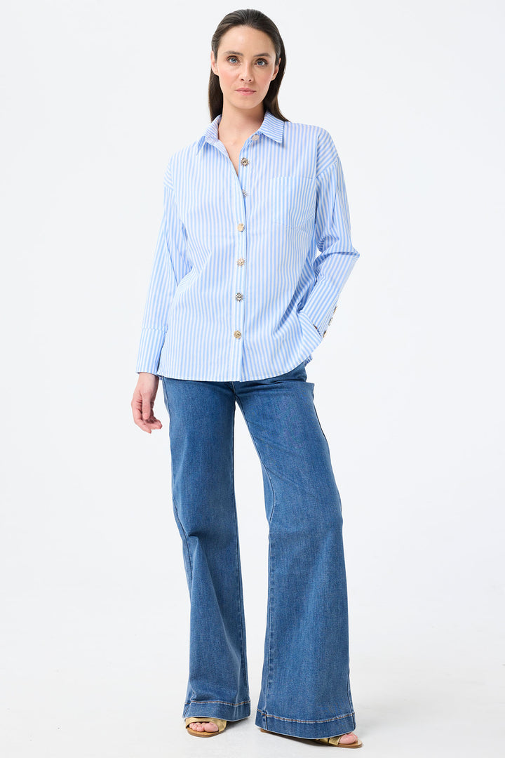 Leo & Ugo Blue Stripe Shirt Feature Buttons JE731 - Experience Boutique