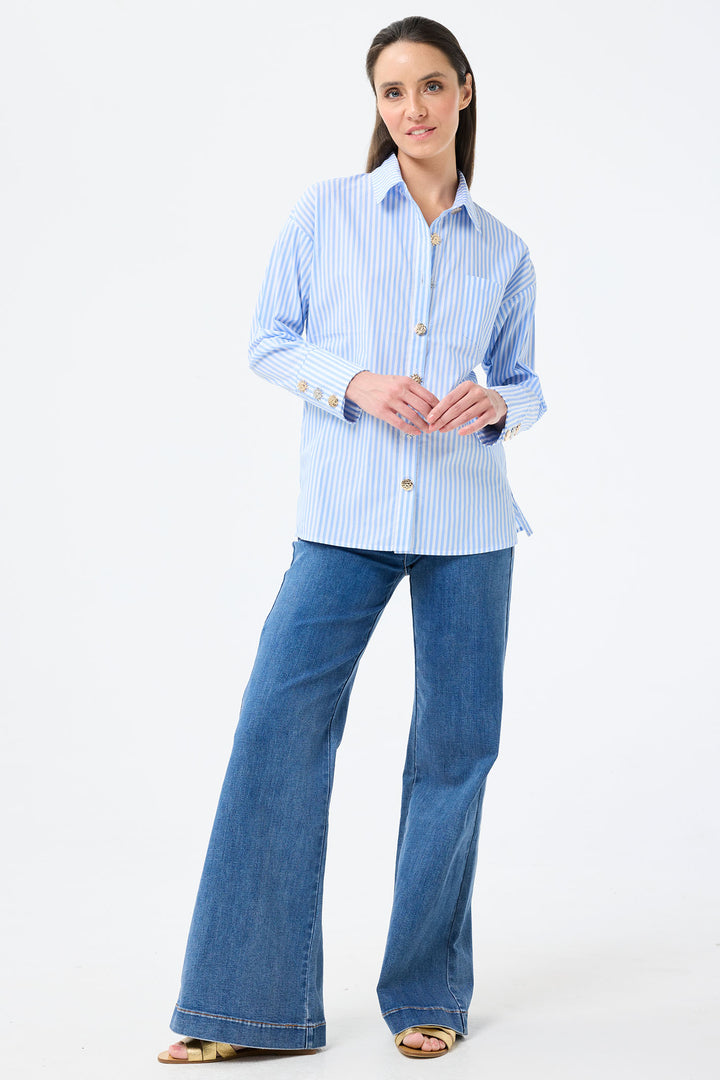 Leo & Ugo Blue Stripe Shirt Feature Buttons JE731 - Experience Boutique