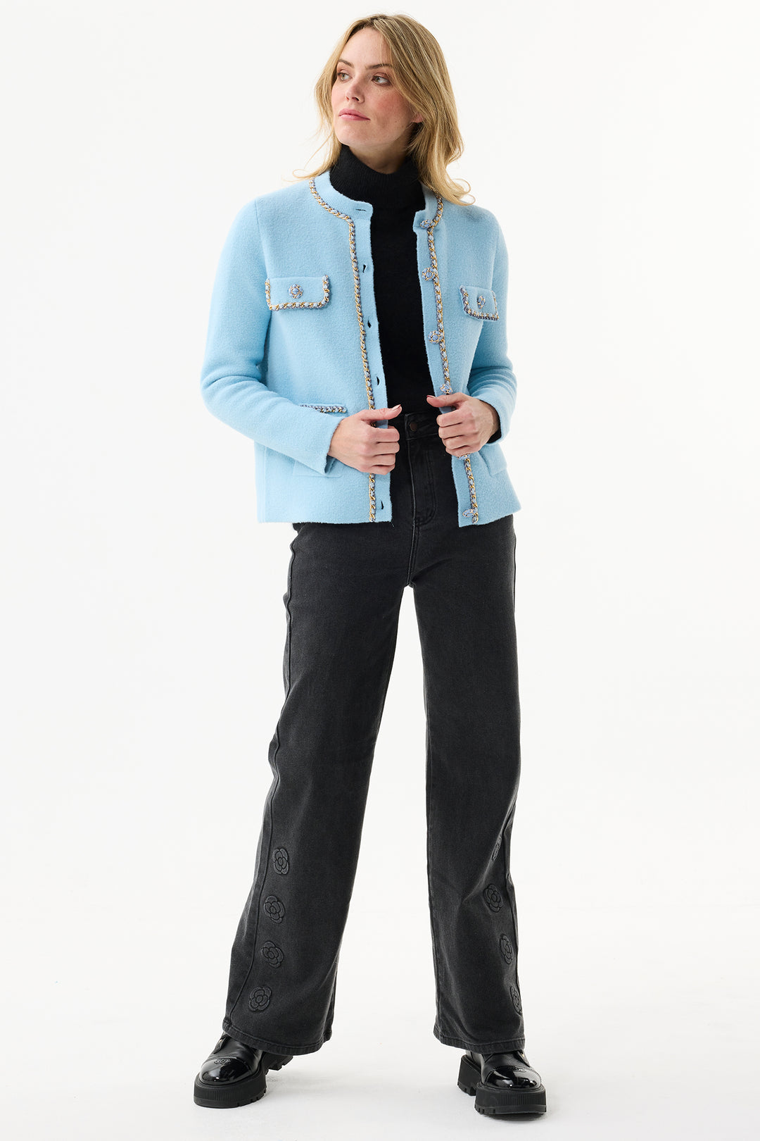 Leo & Ugo Cardigan RH782 Light Blue Gold Chain Trim Cardigan Jacket