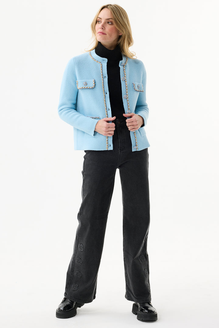 Leo & Ugo Cardigan RH782 Light Blue Gold Chain Trim Cardigan Jacket