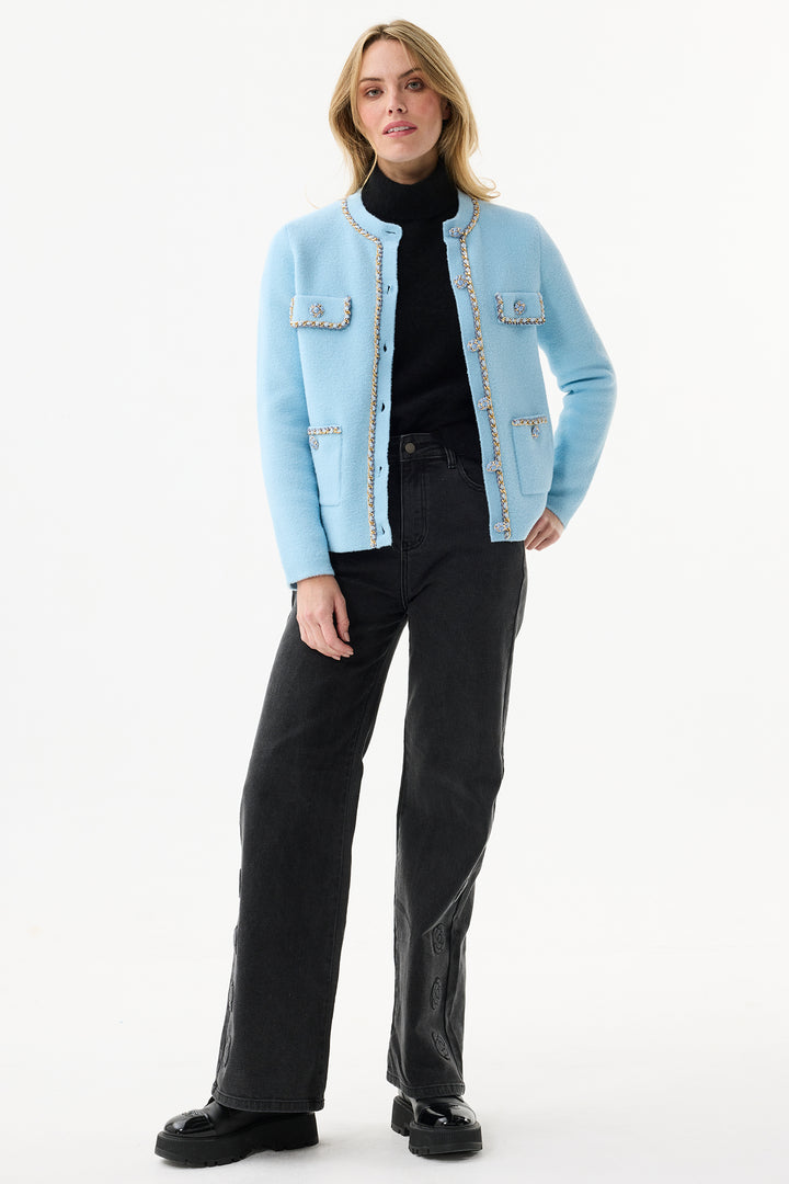 Leo & Ugo Cardigan RH782 Light Blue Gold Chain Trim Cardigan Jacket