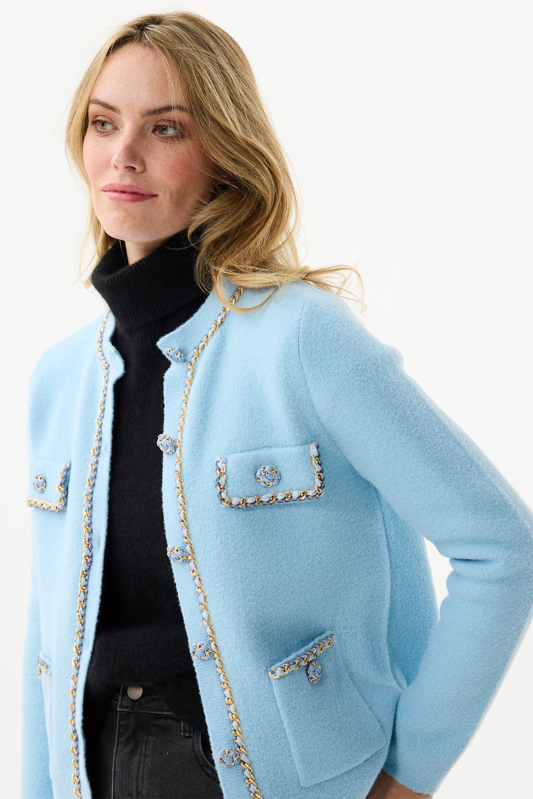 Leo & Ugo Cardigan RH782 Light Blue Gold Chain Trim Cardigan Jacket