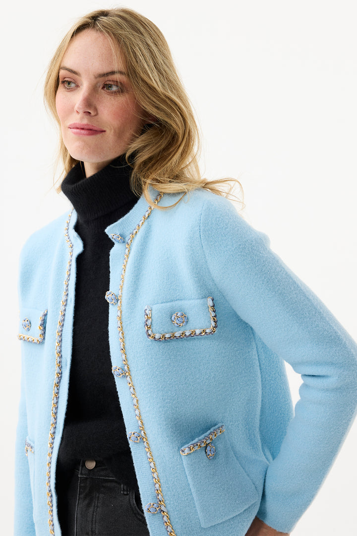 Leo & Ugo Cardigan RH782 Light Blue Gold Chain Trim Cardigan Jacket