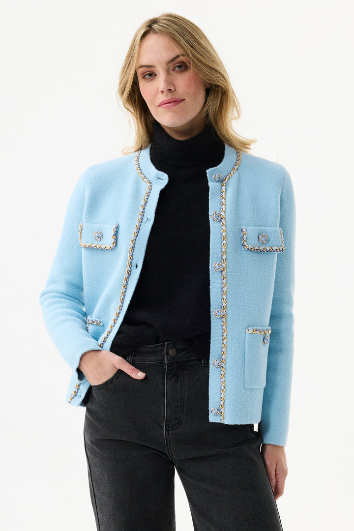 Leo & Ugo Cardigan RH782 Light Blue Gold Chain Trim Cardigan Jacket