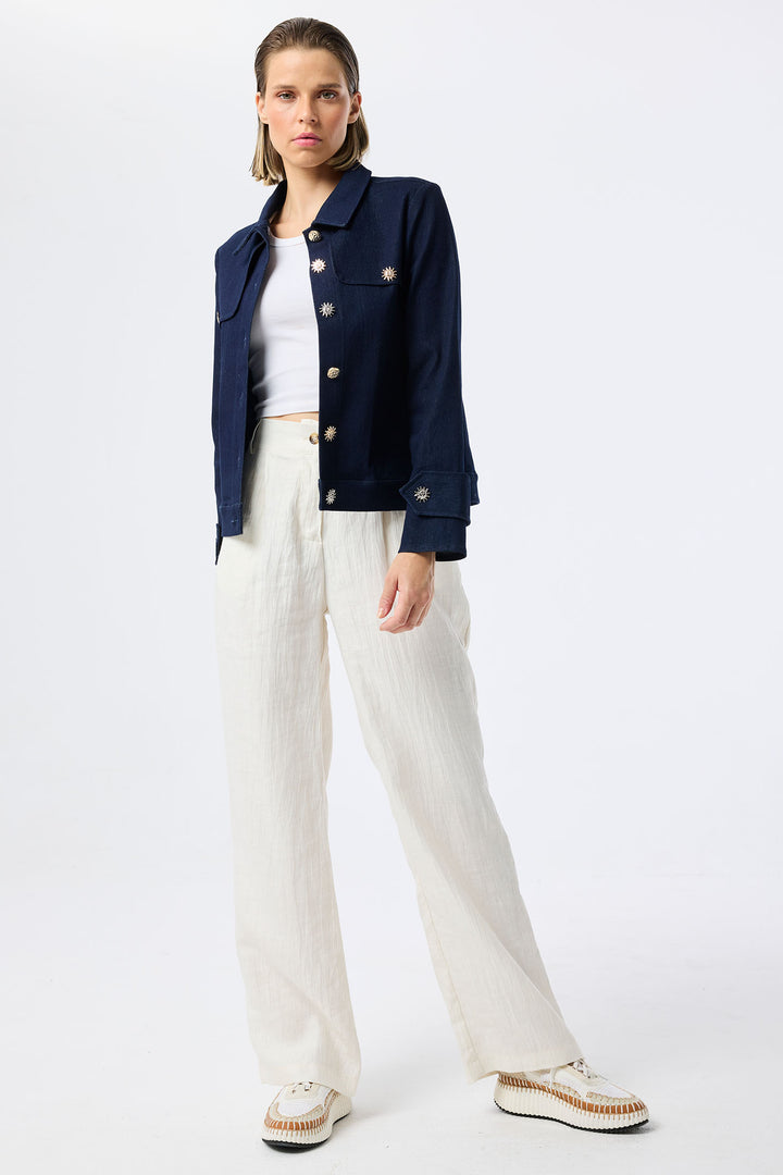 Leo & Ugo Dark Blue Denim Jacket Sunshine Buttons JE735 - Experience Boutique