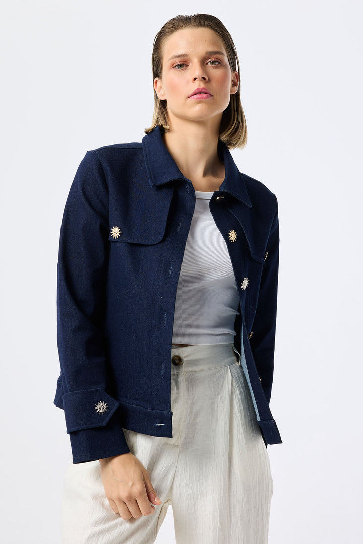 Leo & Ugo Dark Blue Denim Jacket Sunshine Buttons JE735 - Experience Boutique