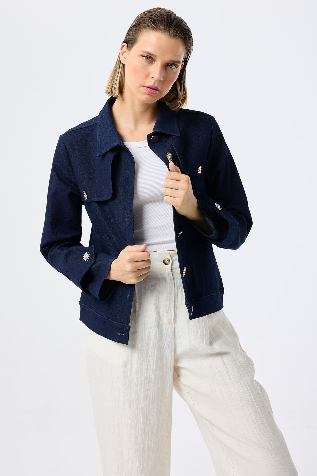 Leo & Ugo Dark Blue Denim Jacket Sunshine Buttons JE735 - Experience Boutique