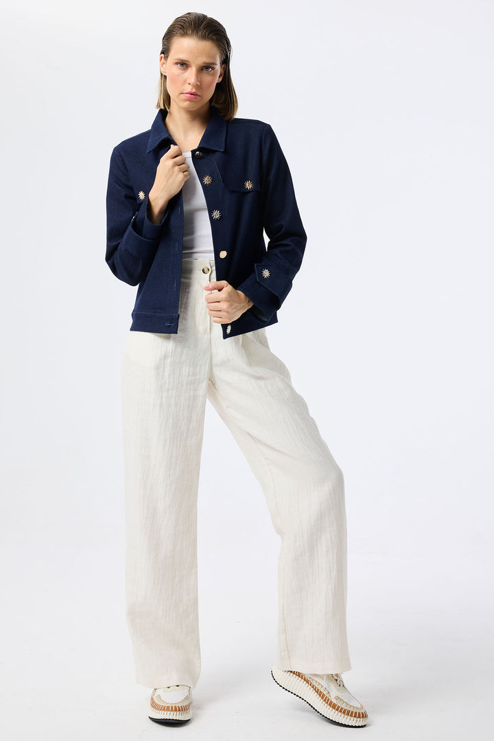 Leo & Ugo Dark Blue Denim Jacket Sunshine Buttons JE735 - Experience Boutique