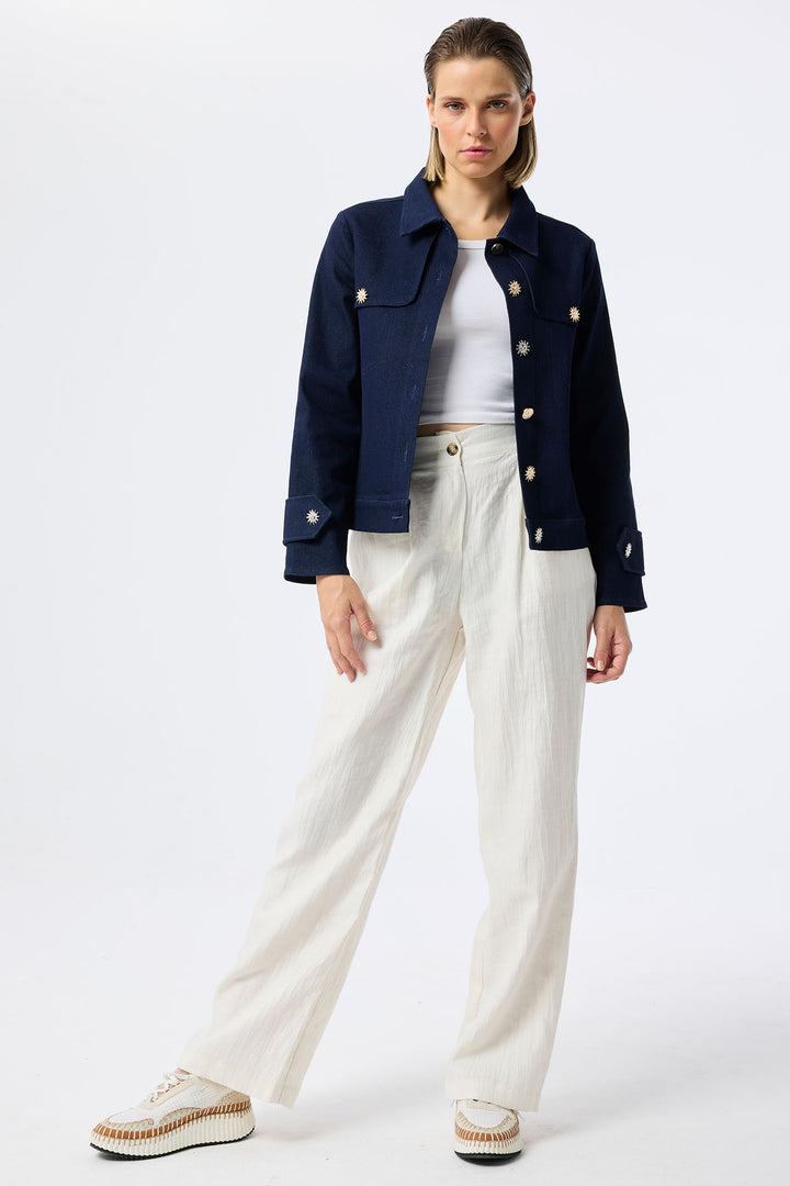 Leo & Ugo Dark Blue Denim Jacket Sunshine Buttons JE735 - Experience Boutique
