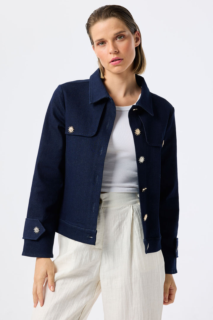 Leo & Ugo Dark Blue Denim Jacket Sunshine Buttons JE735 - Experience Boutique