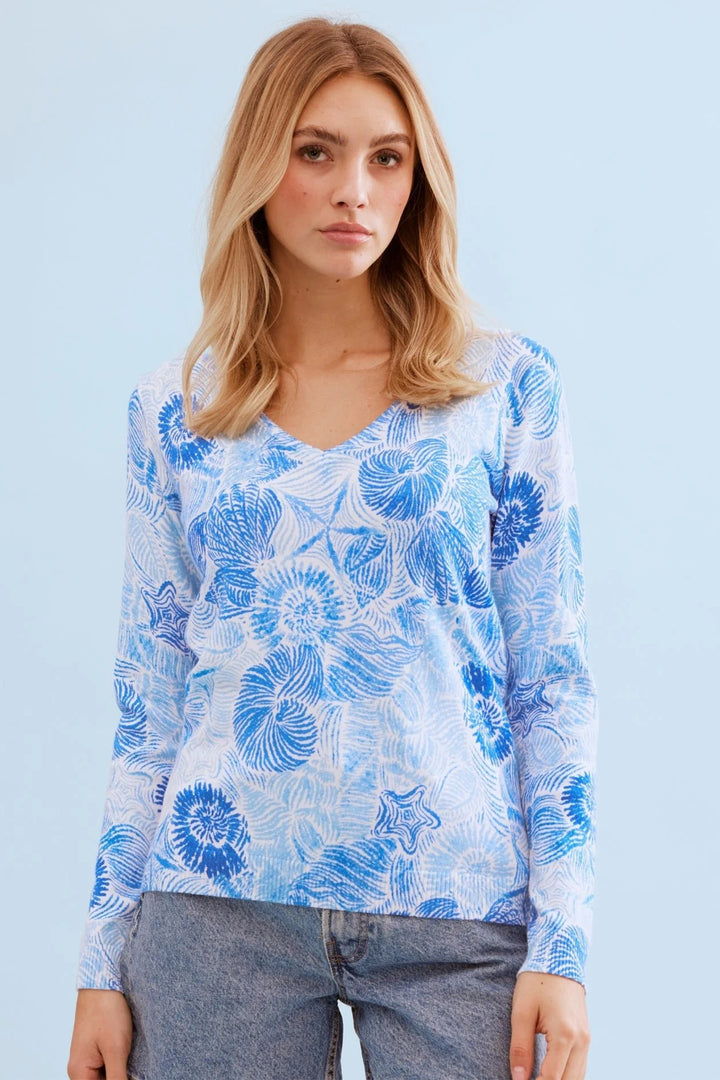 Leo &amp; Ugo DE002 Blue Print V-Neck Jumper