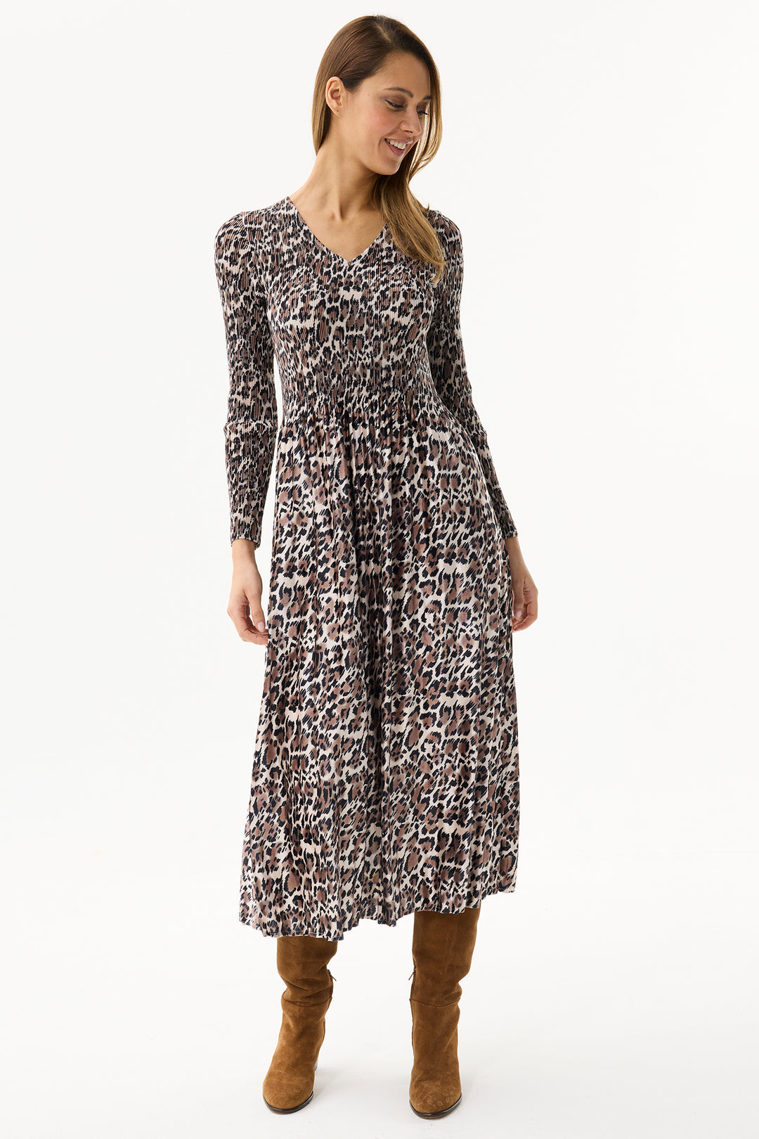 Leo & Ugo Dress KHR915 Taupe Animal Print Plisse Dress