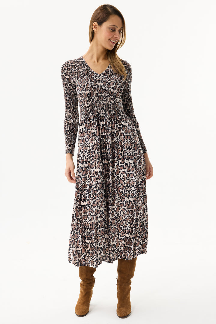 Leo & Ugo Dress KHR915 Taupe Animal Print Plisse Dress
