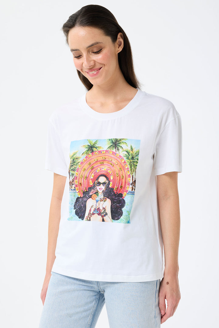 Leo & Ugo Holiday Cocktail Embellished White T-Shirt TEK884 - Experience Boutique