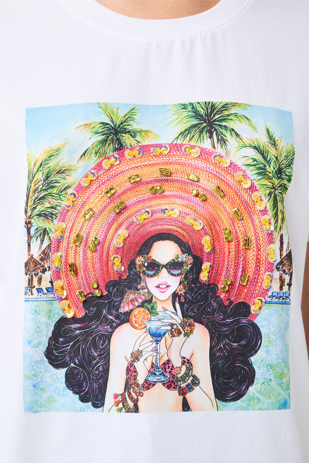 Leo & Ugo Holiday Cocktail Embellished White T-Shirt TEK884 - Experience Boutique