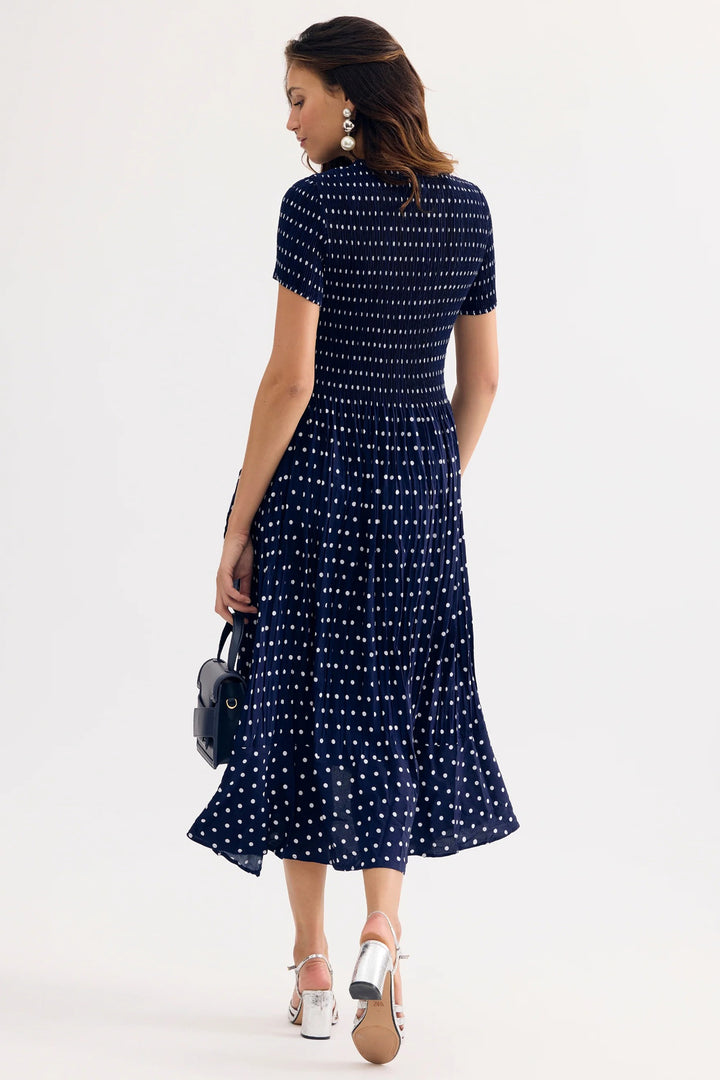 Leo &amp; Ugo KER093 Navy Polka Dot Print Pleat Dress