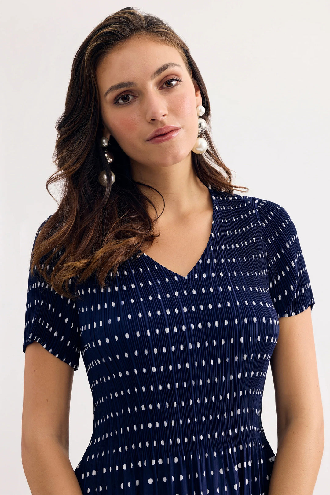 Leo &amp; Ugo KER093 Navy Polka Dot Print Pleat Dress
