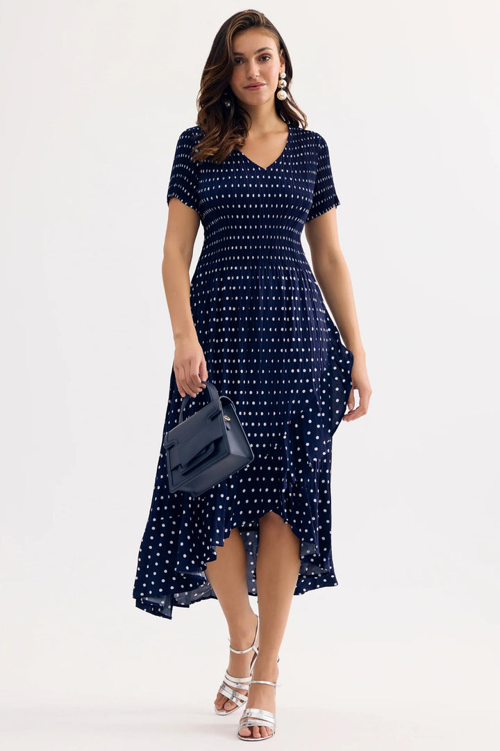 Leo &amp; Ugo KER093 Navy Polka Dot Print Pleat Dress