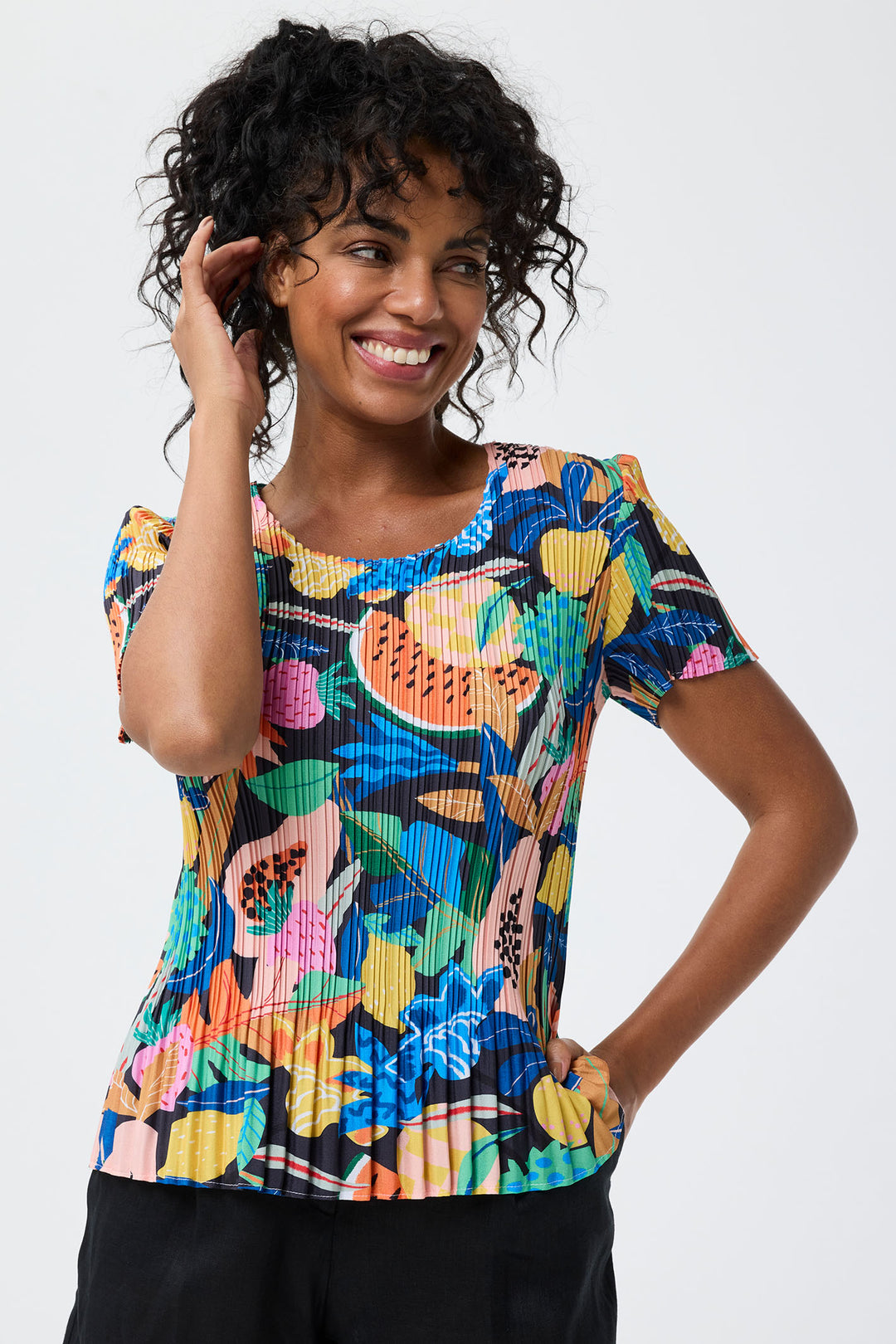 Leo & Ugo Multicolour Tropical Print Stretch Pleat Top YE620 - Experience Boutique