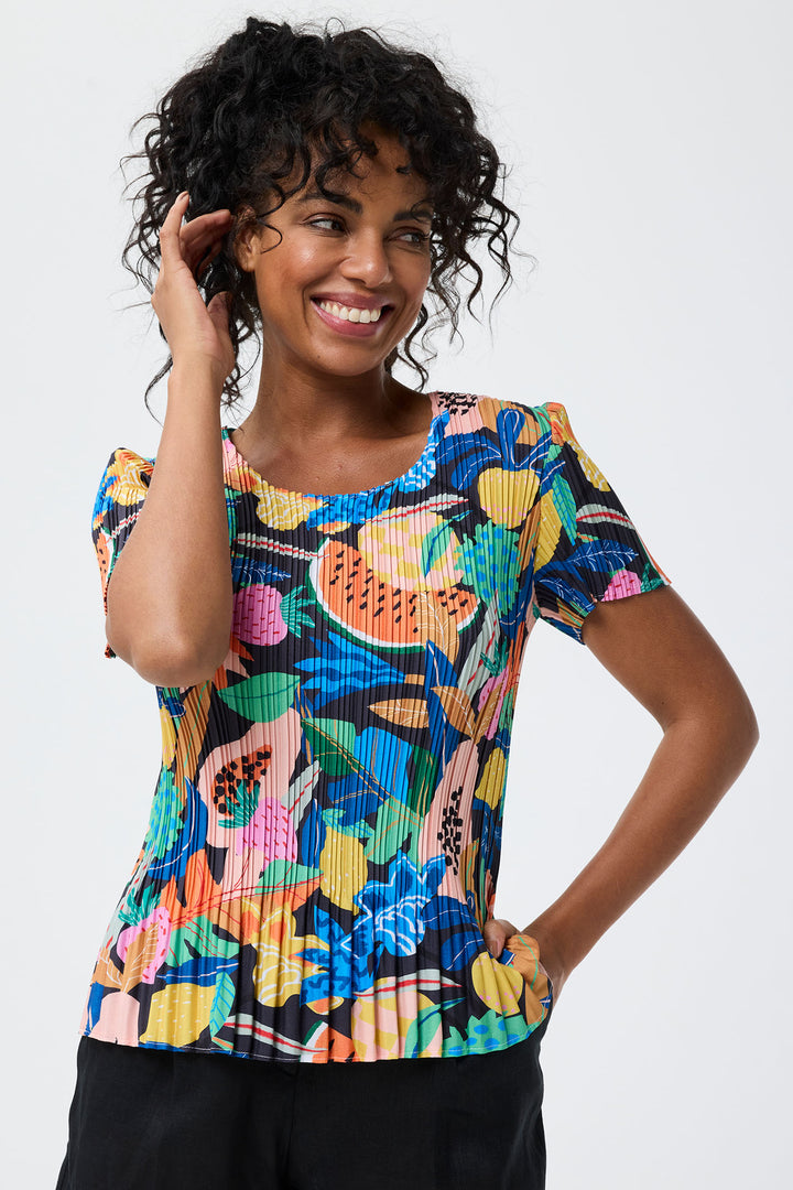 Leo & Ugo Multicolour Tropical Print Stretch Pleat Top YE620 - Experience Boutique