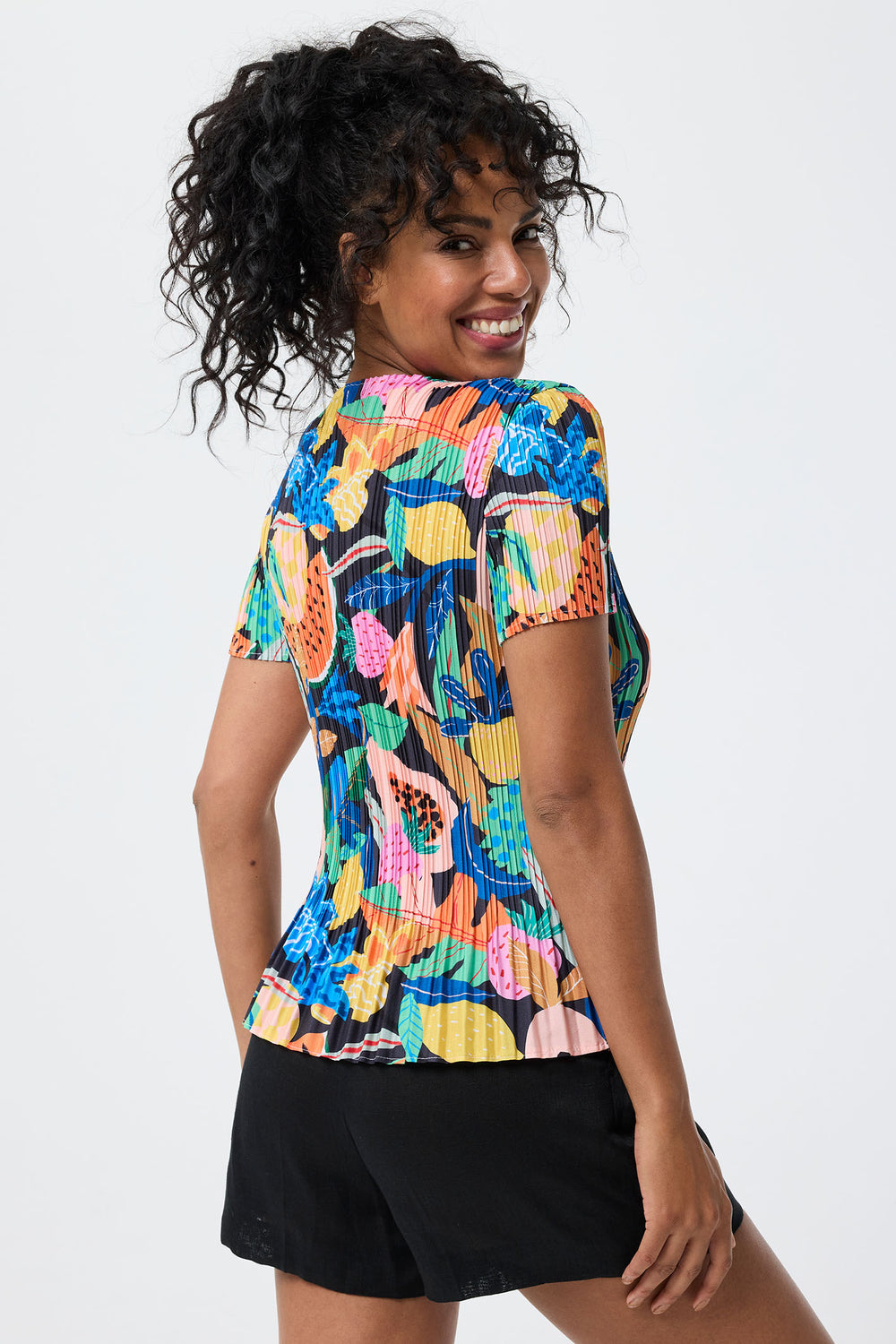 Leo & Ugo Multicolour Tropical Print Stretch Pleat Top YE620 - Experience Boutique