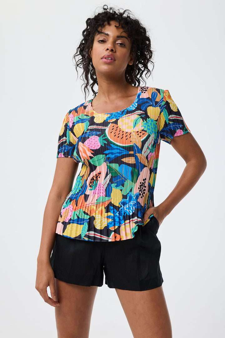 Leo & Ugo Multicolour Tropical Print Stretch Pleat Top YE620 - Experience Boutique