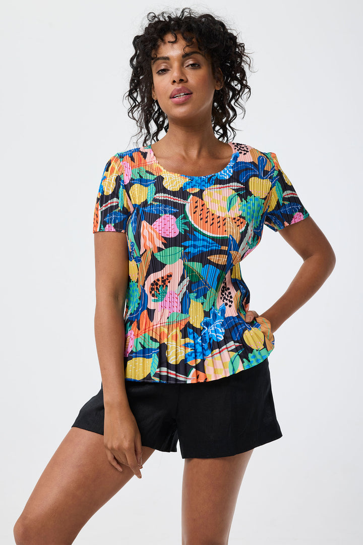 Leo & Ugo Multicolour Tropical Print Stretch Pleat Top YE620 - Experience Boutique