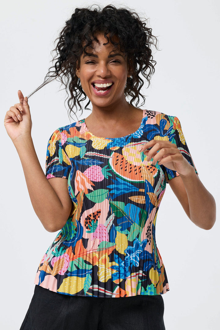 Leo & Ugo Multicolour Tropical Print Stretch Pleat Top YE620 - Experience Boutique