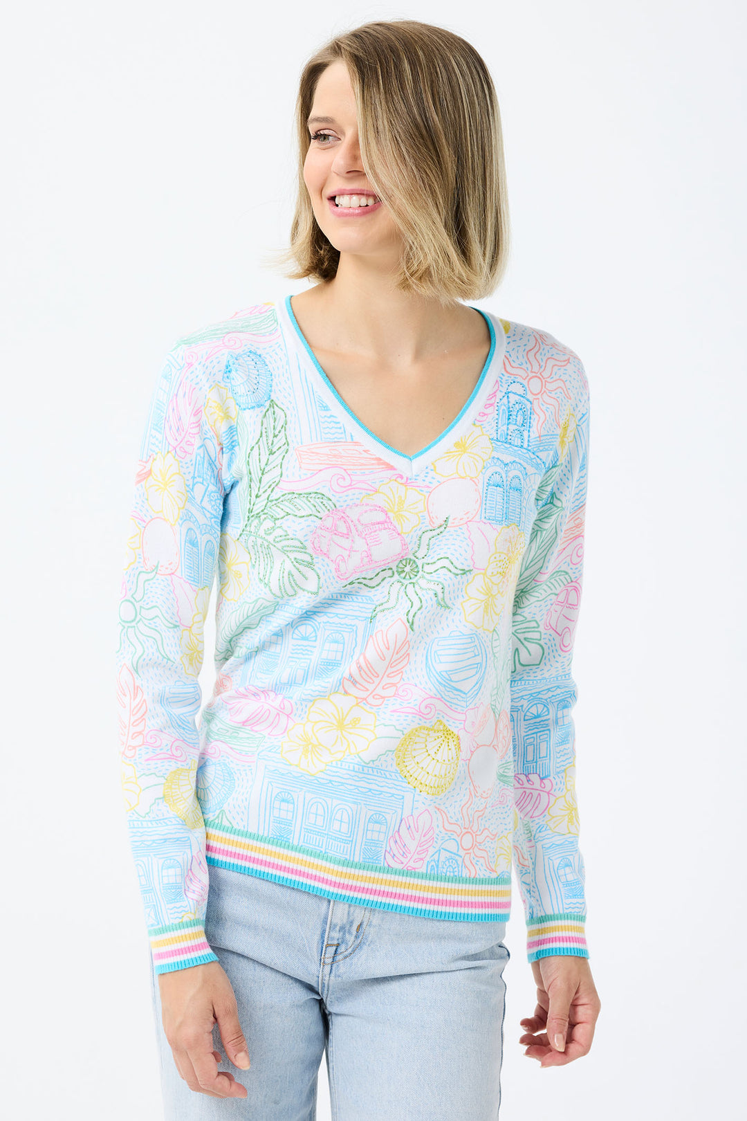 Leo & Ugo Multicolour Tropical Print V-Neck Jumper DE413 - Experience Boutique