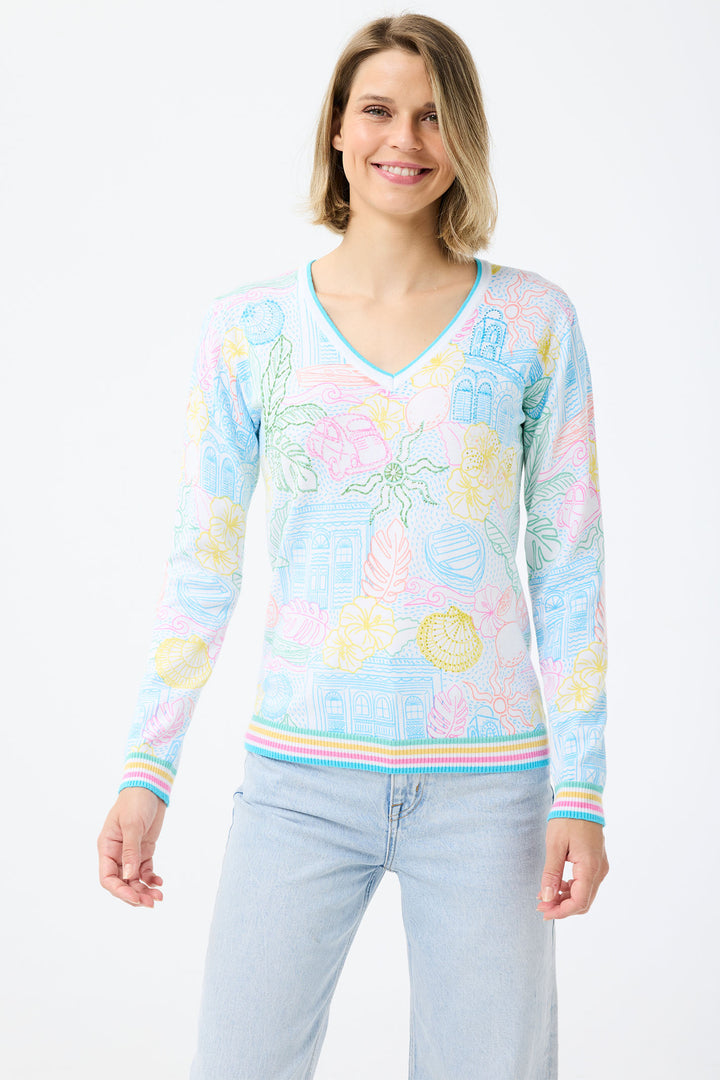 Leo & Ugo Multicolour Tropical Print V-Neck Jumper DE413 - Experience Boutique