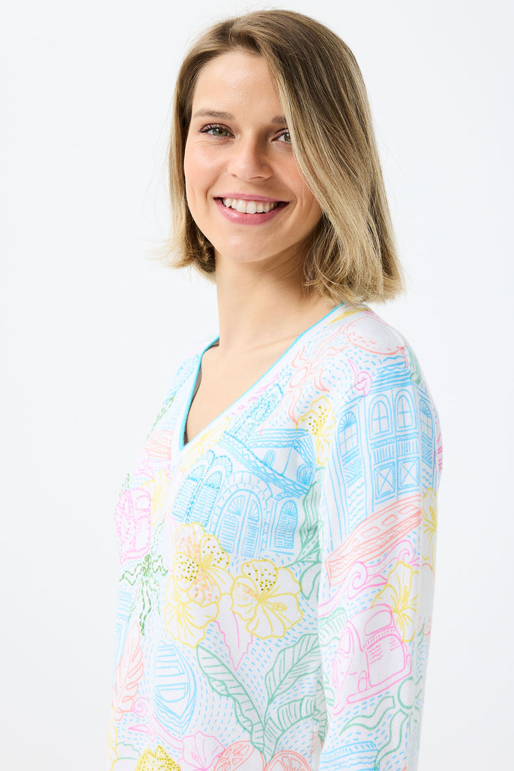 Leo & Ugo Multicolour Tropical Print V-Neck Jumper DE413 - Experience Boutique