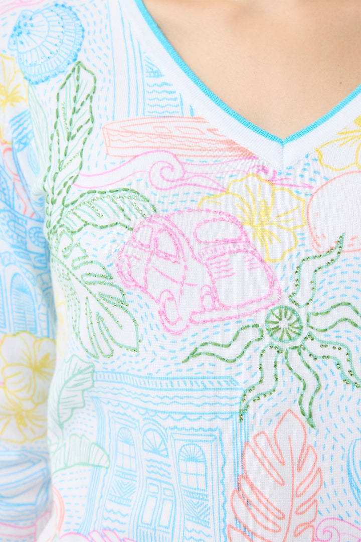 Leo & Ugo Multicolour Tropical Print V-Neck Jumper DE413 - Experience Boutique