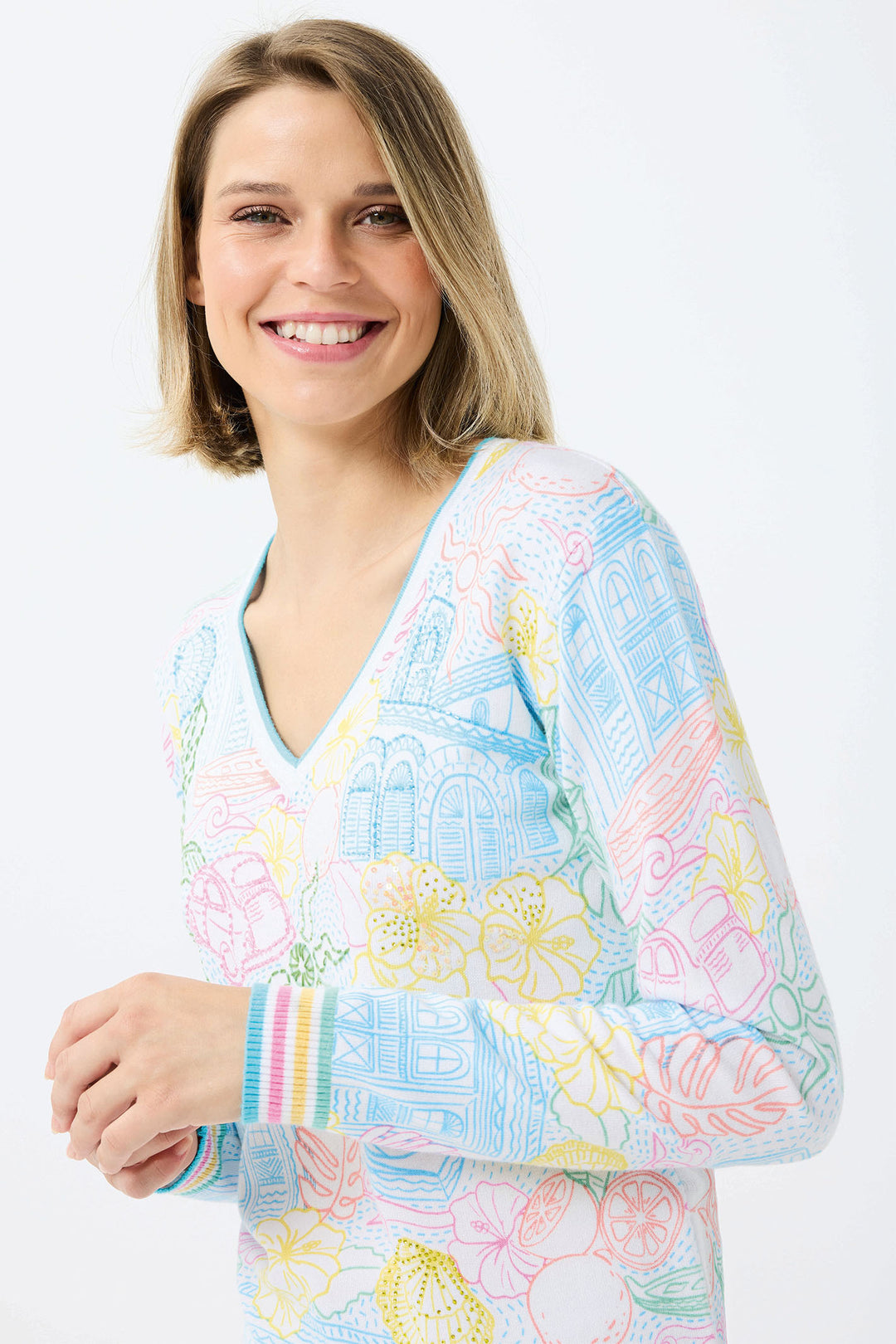 Leo & Ugo Multicolour Tropical Print V-Neck Jumper DE413 - Experience Boutique