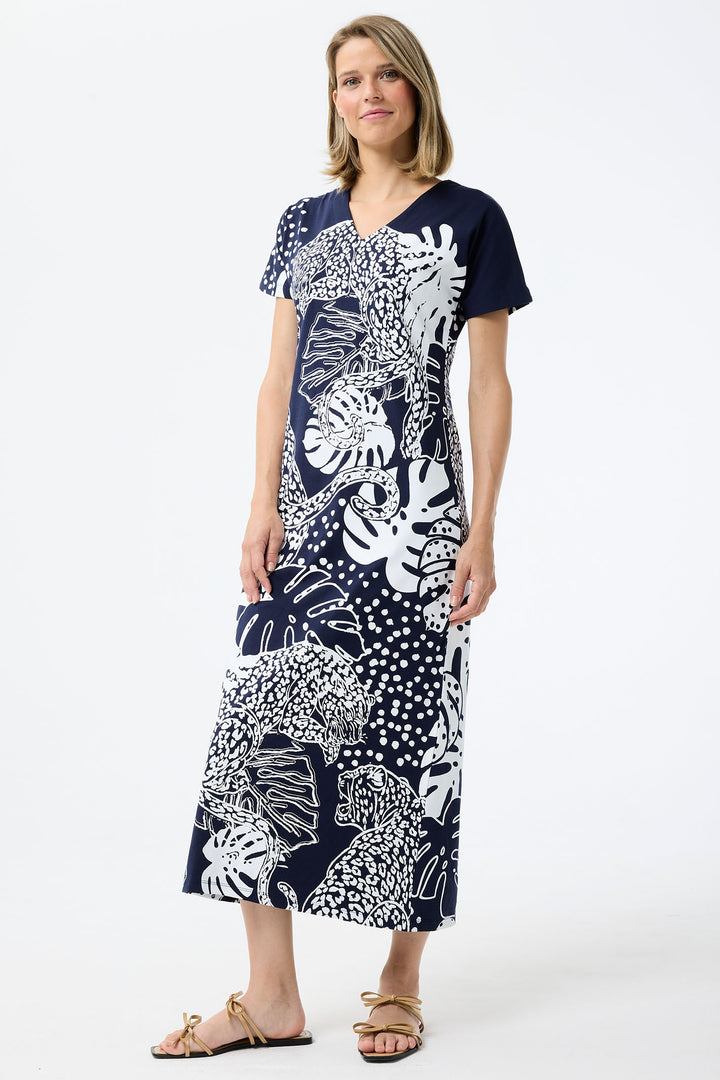Leo & Ugo Navy Blue Leopard Print T-Shirt Dress TEJR784 - Experience Boutique