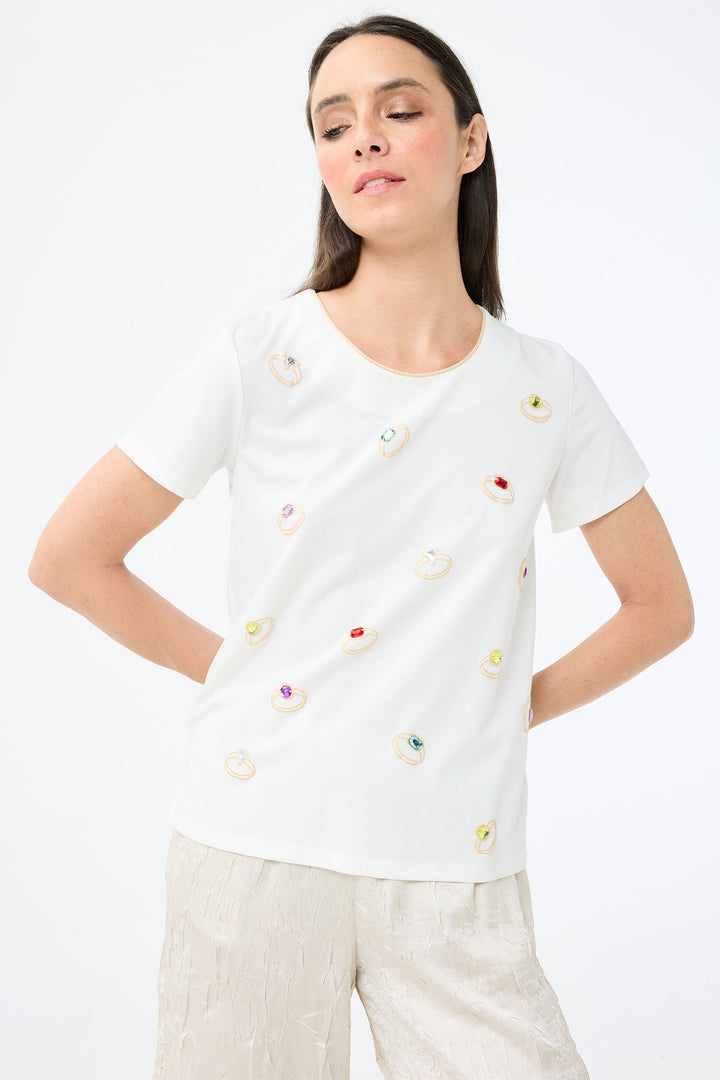 Leo & Ugo Off White Crystal Rings T-Shirt TEJ776 - Experience Boutique