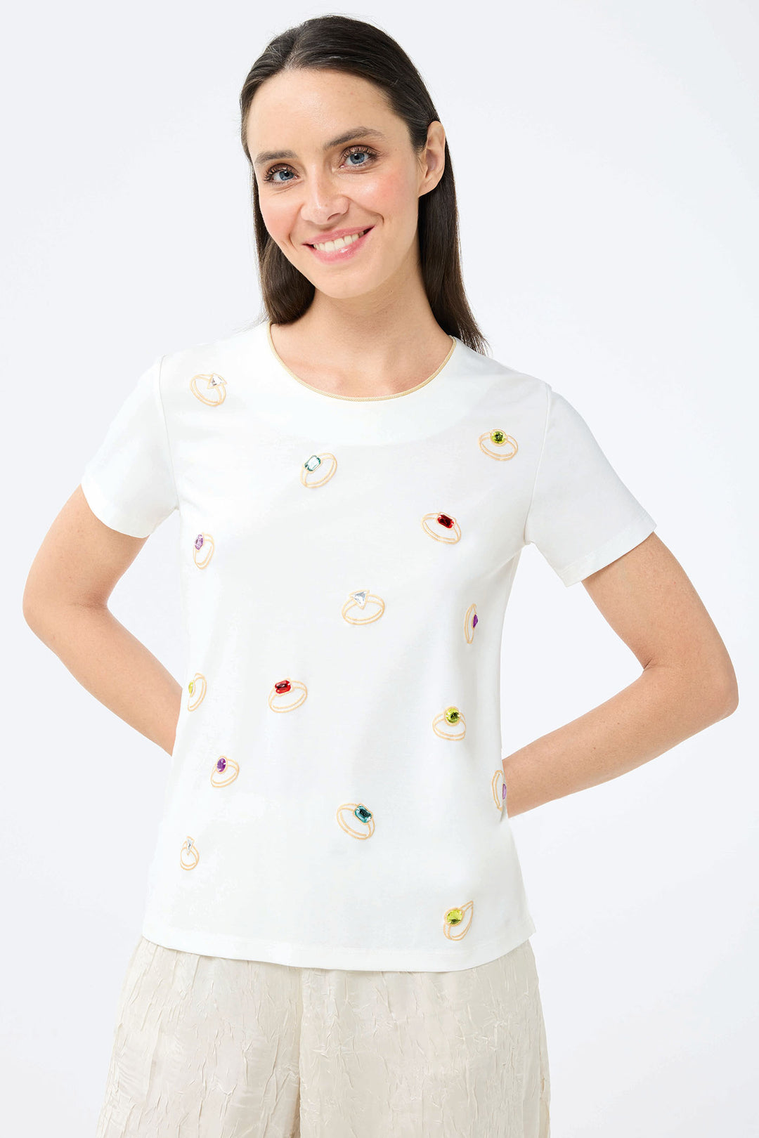 Leo & Ugo Off White Crystal Rings T-Shirt TEJ776 - Experience Boutique