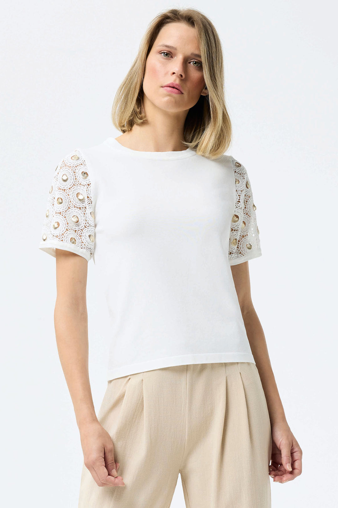 Leo & Ugo Off White Lace Sleeve Top KE857 - Experience Boutique