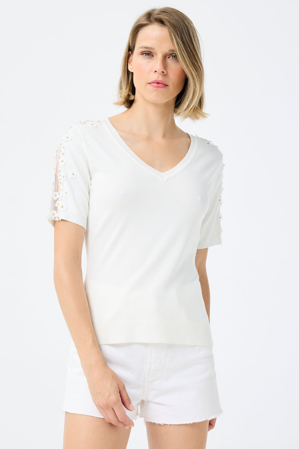 Leo & Ugo Off White Mesh Shoulder V-Neck Top AE030 - Experience Boutique