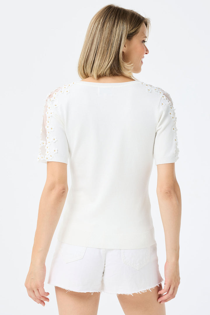 Leo & Ugo Off White Mesh Shoulder V-Neck Top AE030 - Experience Boutique
