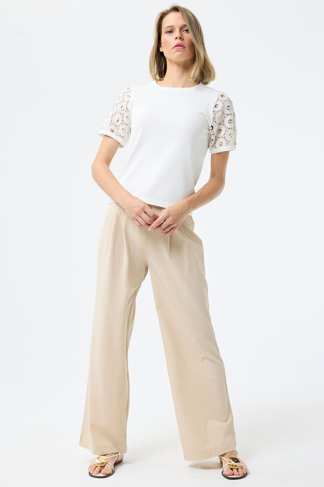 Leo & Ugo Off White Lace Sleeve Top KE857 - Experience Boutique