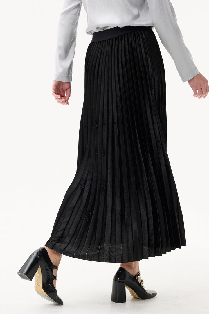 Leo & Ugo Skirt KHJ902 Black Pleated Crystal Detail Maxi Skirt