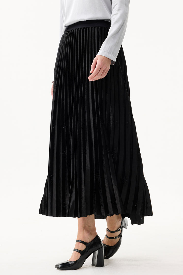 Leo & Ugo Skirt KHJ902 Black Pleated Crystal Detail Maxi Skirt