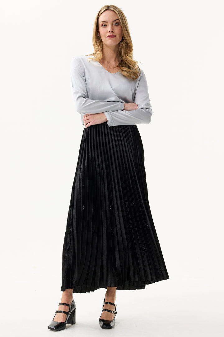 Leo & Ugo Skirt KHJ902 Black Pleated Crystal Detail Maxi Skirt