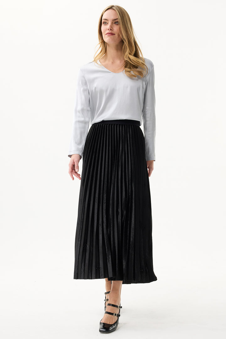 Leo & Ugo Skirt KHJ902 Black Pleated Crystal Detail Maxi Skirt